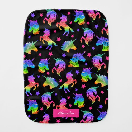 Glitter Unicorn Rainbow Pattern with First Name Baby Burp Cloth