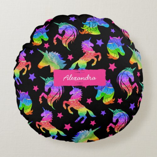 Glitter Unicorn Rainbow Pattern with First Name Round Pillow