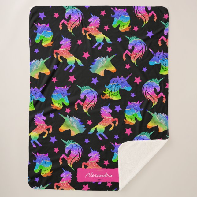 Glitter Unicorn Rainbow Pattern with First Name Sherpa Blanket (Front)