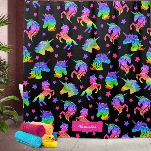 Glitter Unicorn Rainbow Pattern with First Name Shower Curtain