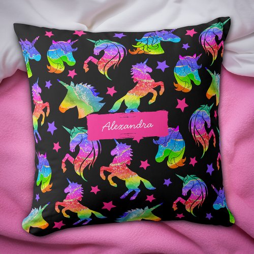 Glitter Unicorn Rainbow Pattern with First Name Throw Pillow