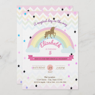 Glitter Unicorn,Rainbow Stars Birthday Invitation