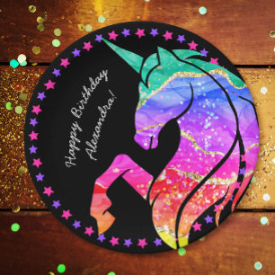 Glitter Unicorn Rainbow w/ First Name Birthday v2 Paper Plates
