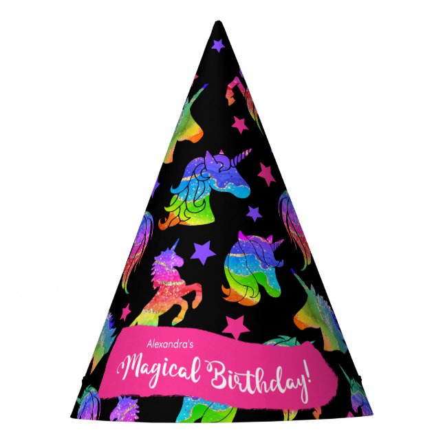 Glitter Unicorn Rainbow w/ Name Magical Birthday Party Hat (Front)