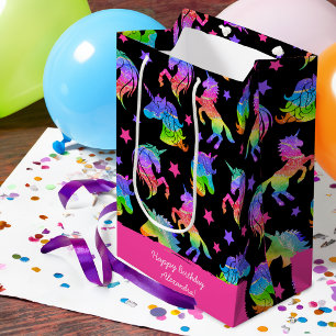 Glitter Unicorn Rainbow with First Name Birthday Medium Gift Bag