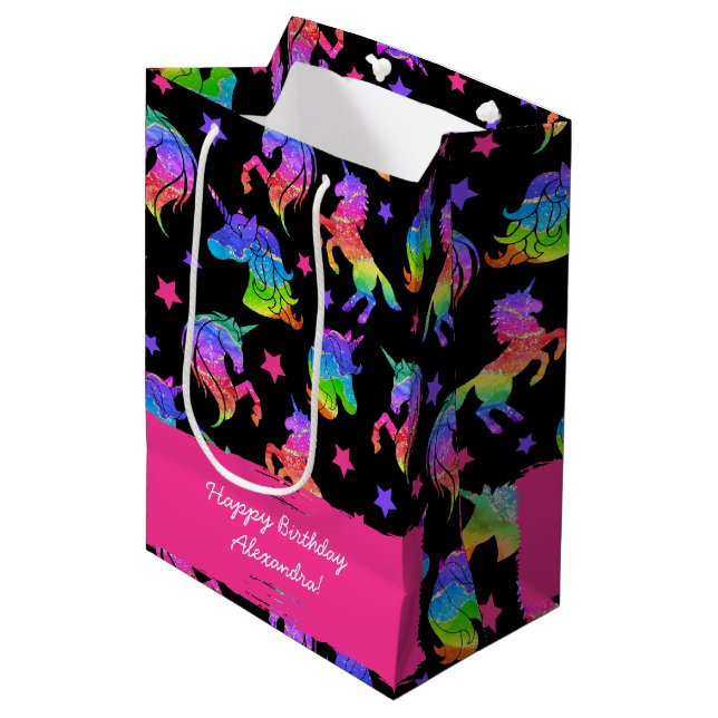 Glitter Unicorn Rainbow with First Name Birthday Medium Gift Bag (Front Angled)