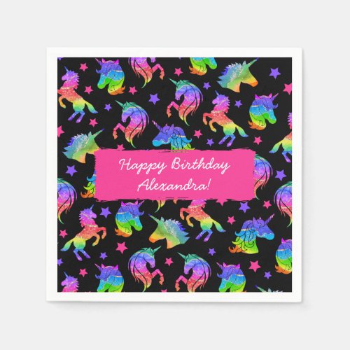 Glitter Unicorn Rainbow with First Name Birthday Napkins