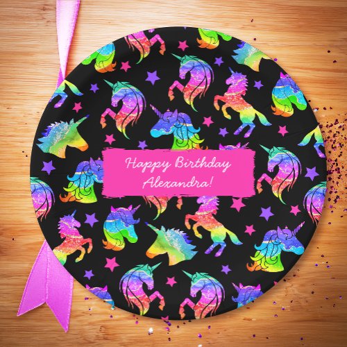 Glitter Unicorn Rainbow with First Name Birthday Paper Plates