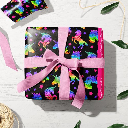 Glitter Unicorn Rainbow with First Name Birthday Wrapping Paper