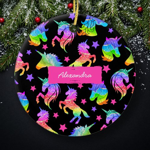 Glitter Unicorn Rainbow with First Name Christmas Ceramic Ornament