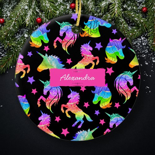 Glitter Unicorn Rainbow with First Name Christmas Ceramic Ornament