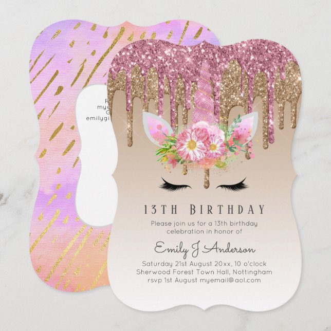 Glitter Unicorn Rose Gold Pink Dripping 13th Bday Invitation (Front/Back)