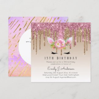 Glitter Unicorn Rose Gold Pink Dripping 13th Bday Invitation