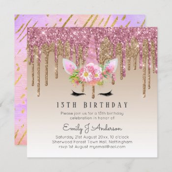 Glitter Unicorn Rose Gold Pink Dripping 13th Bday Invitation