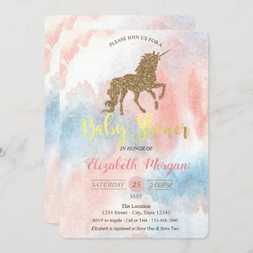 Glitter UnicornWatercolor Baby Shower Invitation