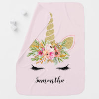 Glitter Unicorn With Watercolor Floral Bouquet Baby Blanket