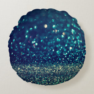 glitter vintage lights background. gold, silver, b round pillow
