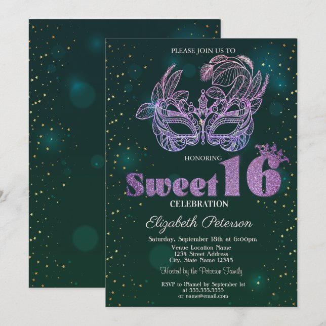 Glitter Violet  Masque Green Sweet 16  Invitation (Front/Back)