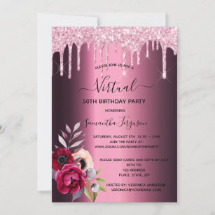 Glitter virtual birthday burgundy florals purple invitation
