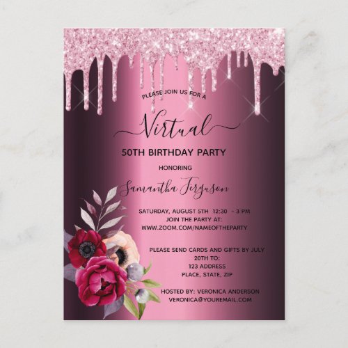 Glitter virtual birthday florals purple invitation postcard