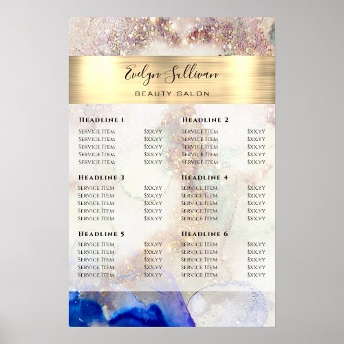 Glitter Watercolor and Gold Foil Price List Poster