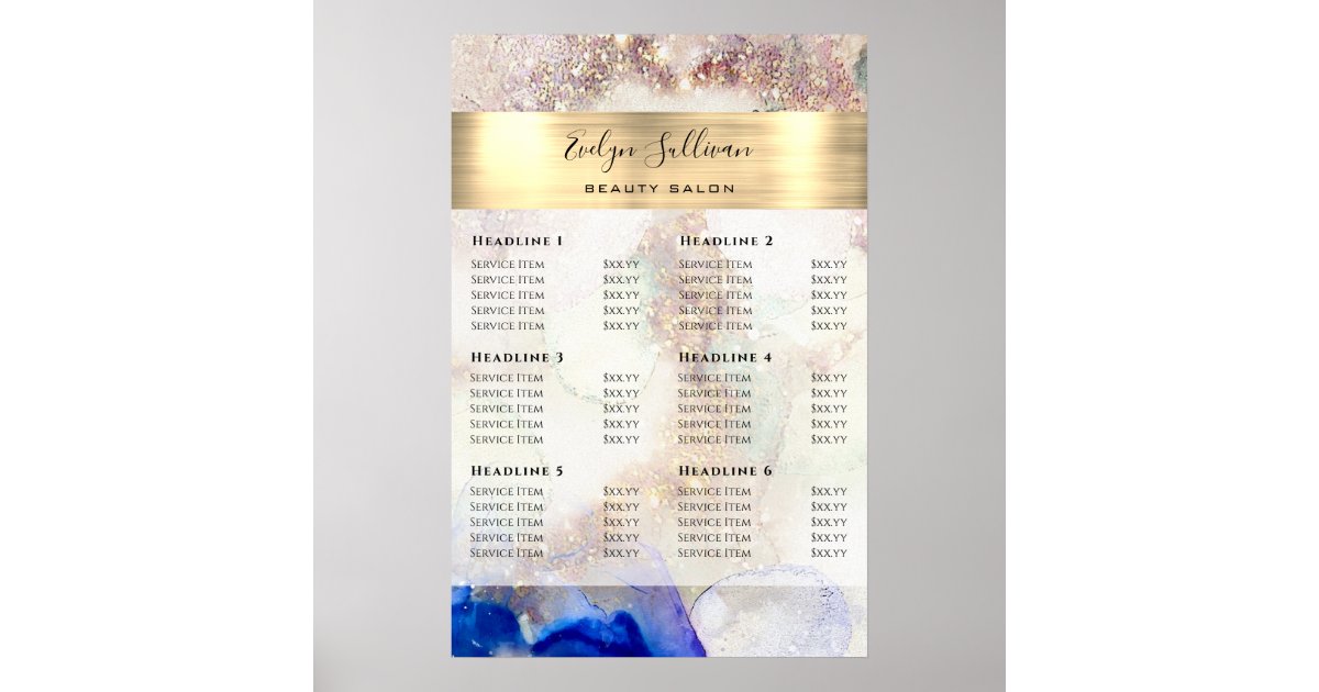 Glitter Watercolor and Gold Foil Price List Poster Zazzle