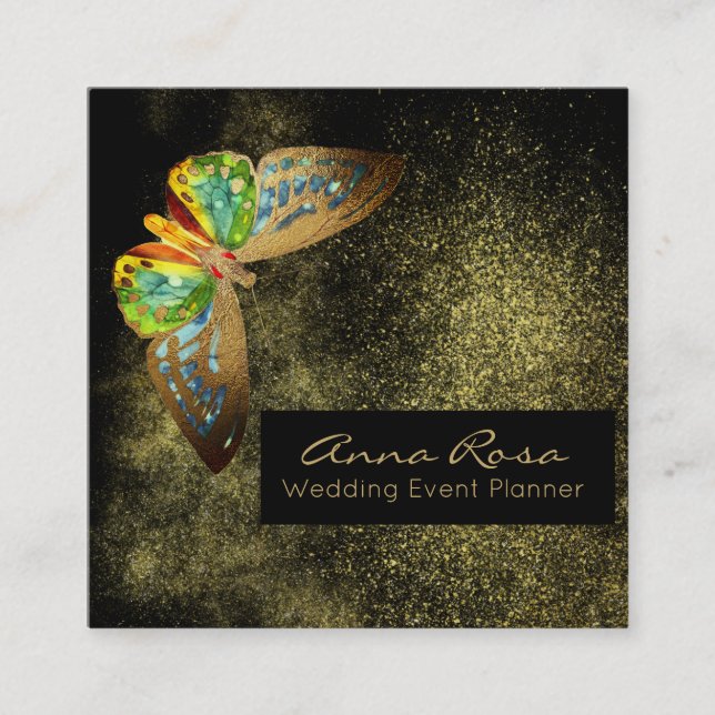 *~* Glitter Watercolor Butterfly Gilded Gold Square Business Card (Front)