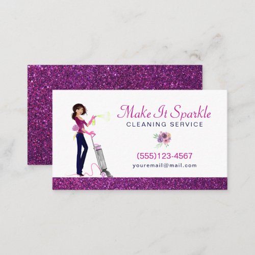 Glitter Watercolor Cartoon Maid Cleaning Service Business Card