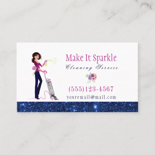 Glitter Watercolor Cartoon Maid Cleaning Services Business Card