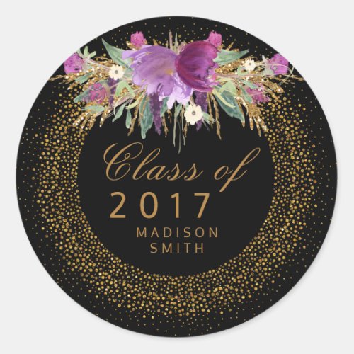 Glitter Watercolor Flower Gold Confetti Graduation Classic Round Sticker