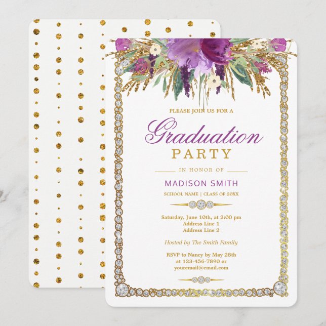 Glitter Watercolor Flowers Bling Grad Party Invitation (Front/Back)