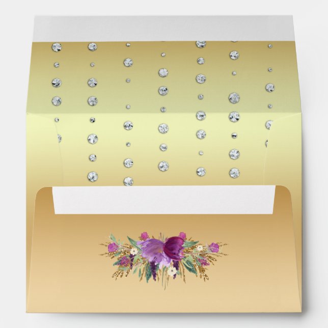 Glitter Watercolor Flowers Diamonds Gold Envelope (Back (Bottom))