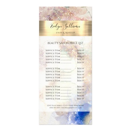 Glitter Watercolor Gold Foil Price List Rack Card