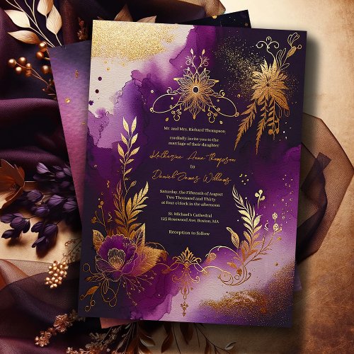 Glitter Watercolor Purple and Gold Floral Wedding Invitation