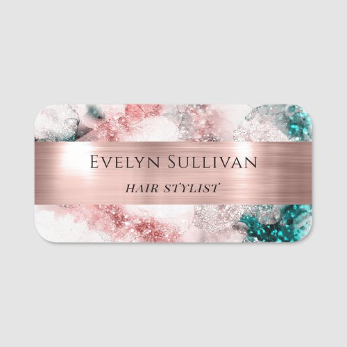 Glitter Watercolor Rose Gold Foil Name Tag