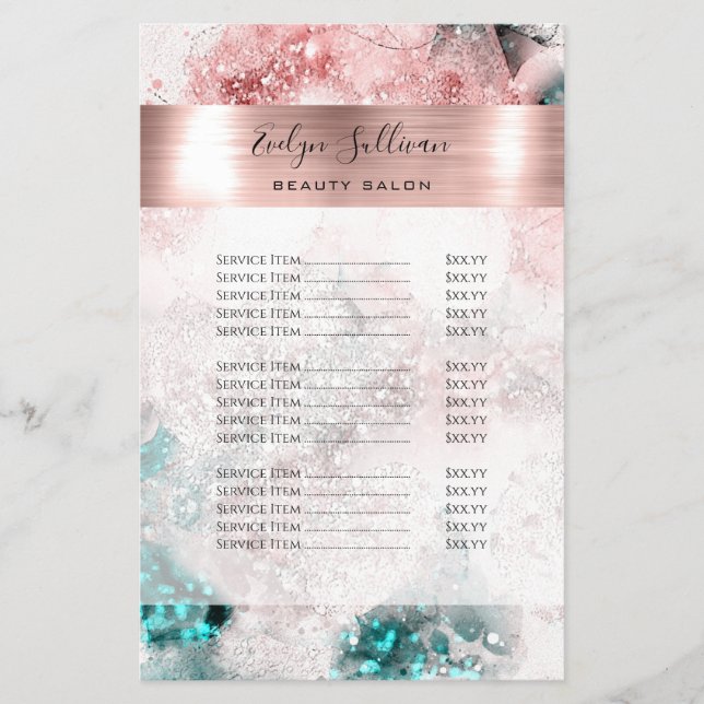 Glitter Watercolor Rose Gold Foil Price List Flyer (Front)