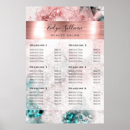 Glitter Watercolor Rose Gold Foil Price List Poster