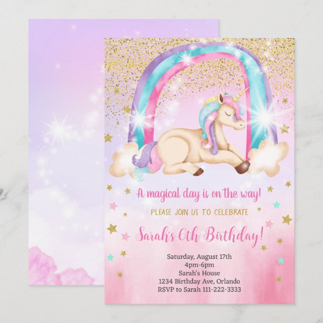 Glitter Watercolor Unicorn Birthday Invitation (Front/Back)