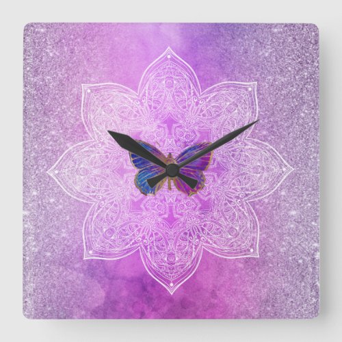  Glitter Watercolor Yoga Butterfly Mandala Square Wall Clock