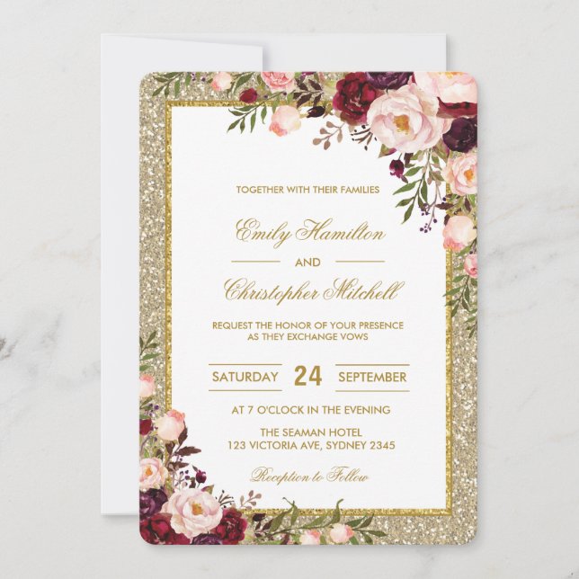 Glitter Wedding Invitation Burgundy Blush Floral (Front)