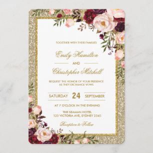 Glitter Wedding Invitation Burgundy Blush Floral