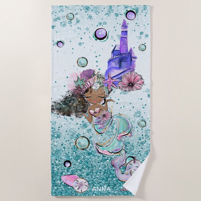 *~* Glitter Whale Mermaid Star fish Sand Castle   Beach Towel (Front)