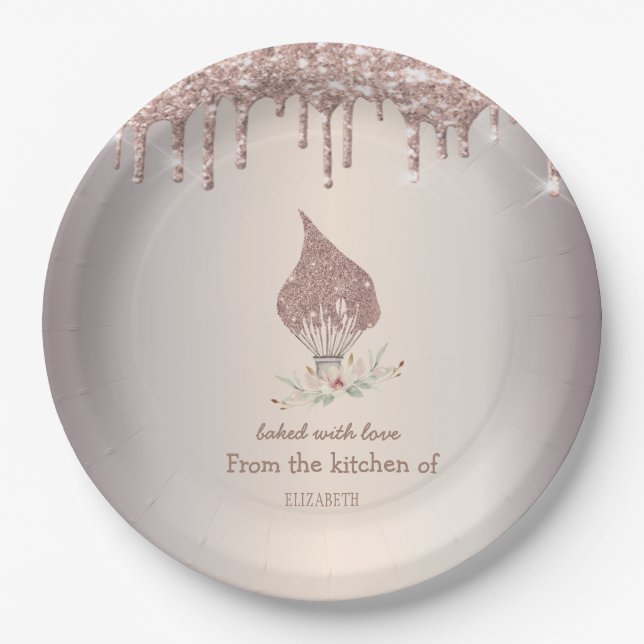 Glitter Whisk Rose Gold Glitter Drips Bakery    Paper Plates (Front)