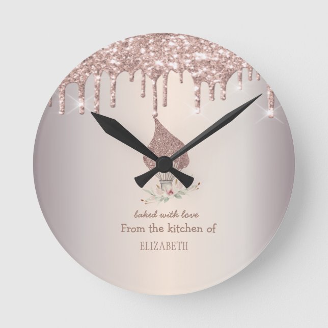Glitter Whisk Rose Gold Glitter Drips Bakery    Round Clock (Front)