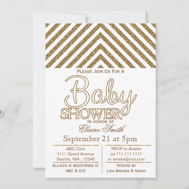 Glitter white and gold baby shower invitation (Front)