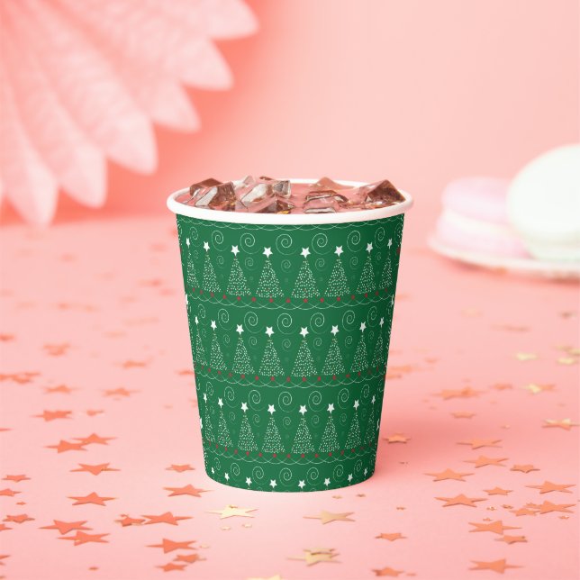 Glitter White Christmas Tree On Green Background Paper Cups (Insitu)