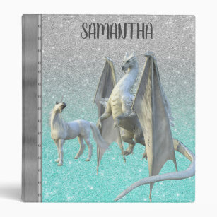 Glitter White Ice Dragon With Unicorn Personalized 3 Ring Binder