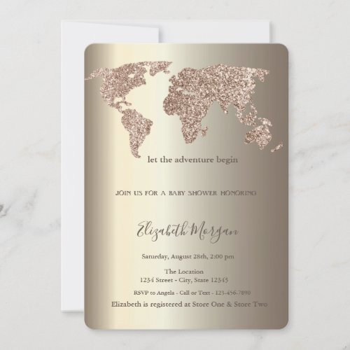 Glitter World Map Confetti  Gold Baby Shower   Invitation