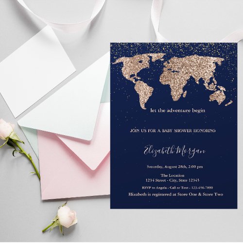 Glitter World Map Confetti Navy Blue Baby Shower   Invitation