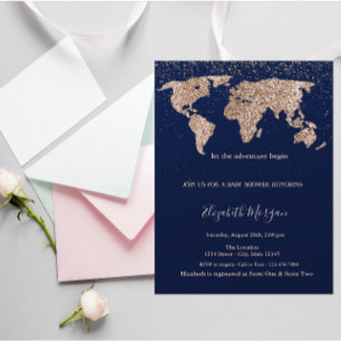 Glitter World Map Confetti Navy Blue Baby Shower   Invitation